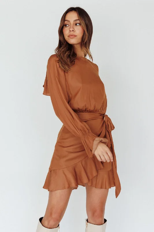 Darla Long Sleeve Satin Dress Tan