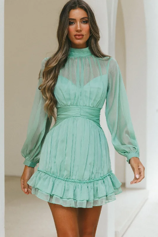 Mandalay High Neck Long Sleeve Waistband Dress Sage