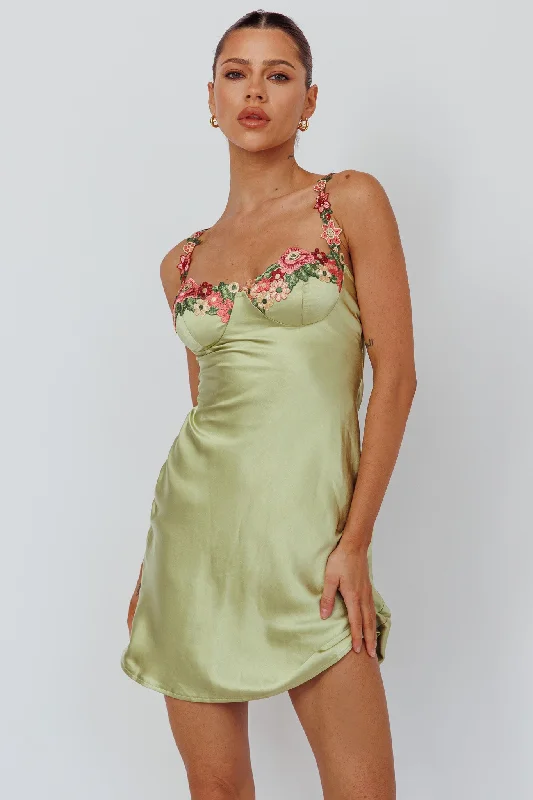 Rose Garden Floral Applique Mini Dress Lime