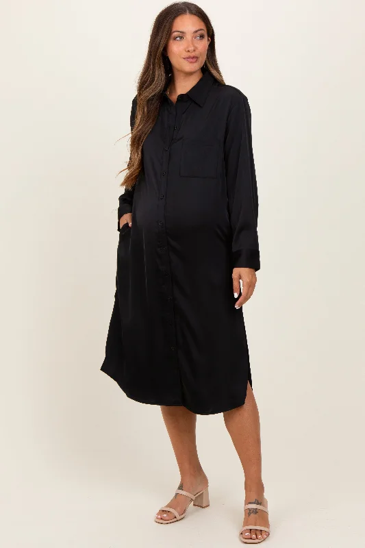 Black Long Sleeve Maternity Midi Shirt Dress