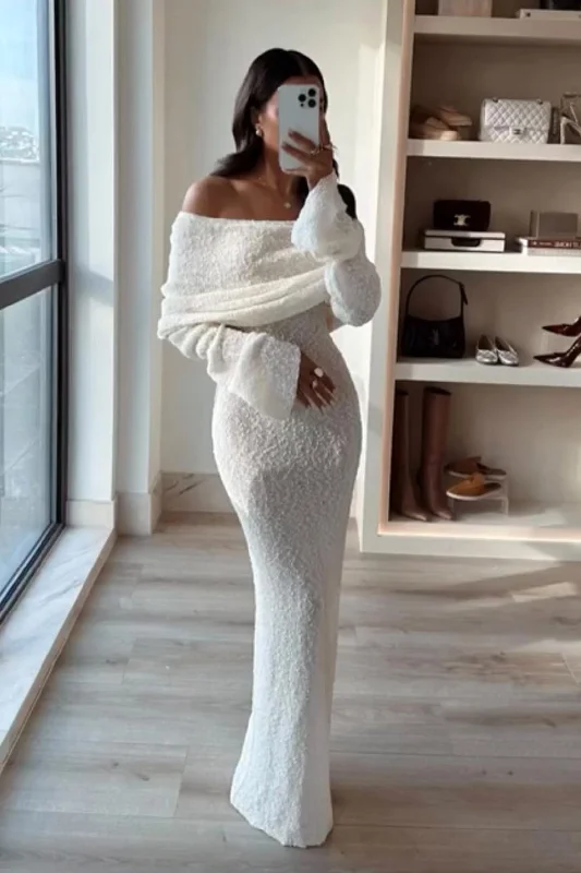 Off Shoulder Open Knit Maxi Dress