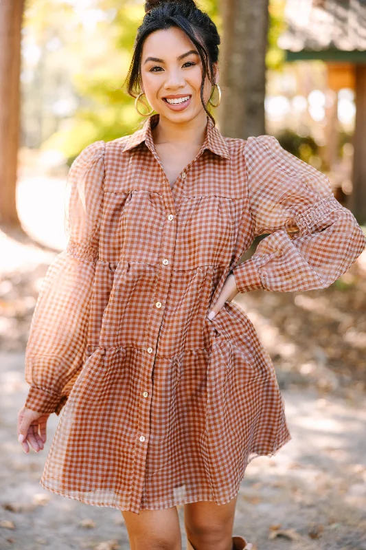 Take The Leap Butterscotch Brown Plaid Dress