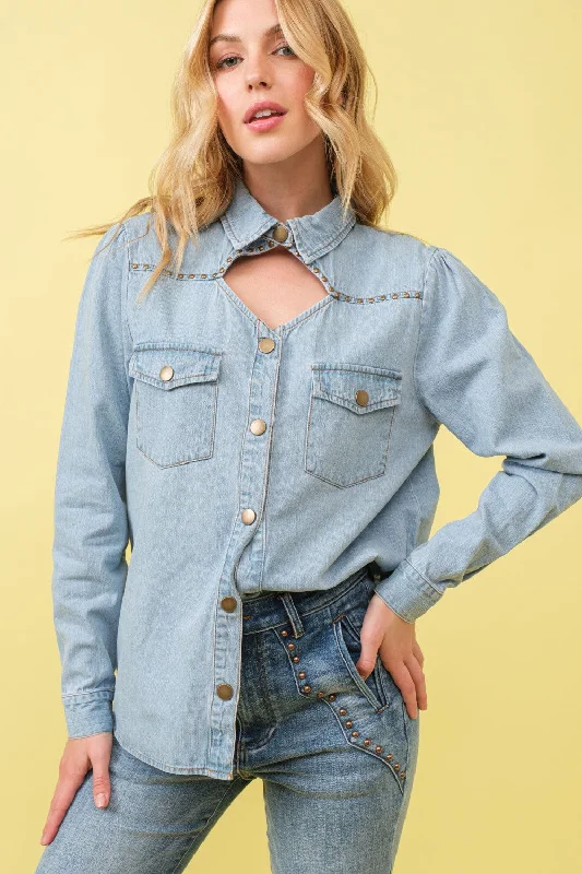 Blue B Chambray Cut Out Studded Collard Shirt Blouse