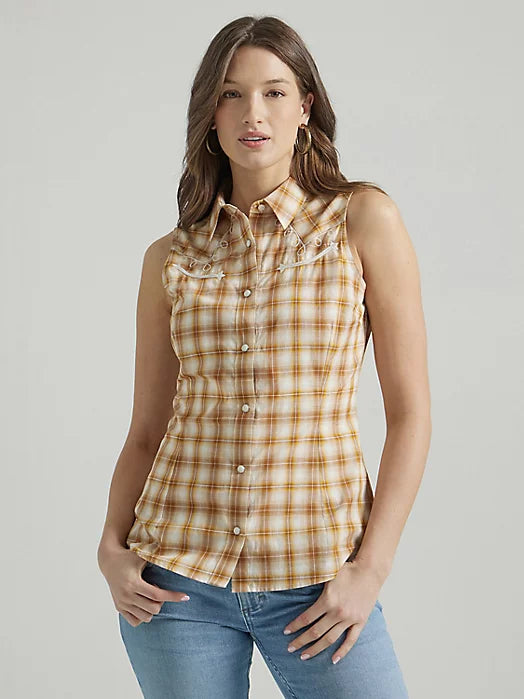 Wrangler Retro Women's Sleeveless Slim Rodeo Snap Shirt in Yellow Plaid