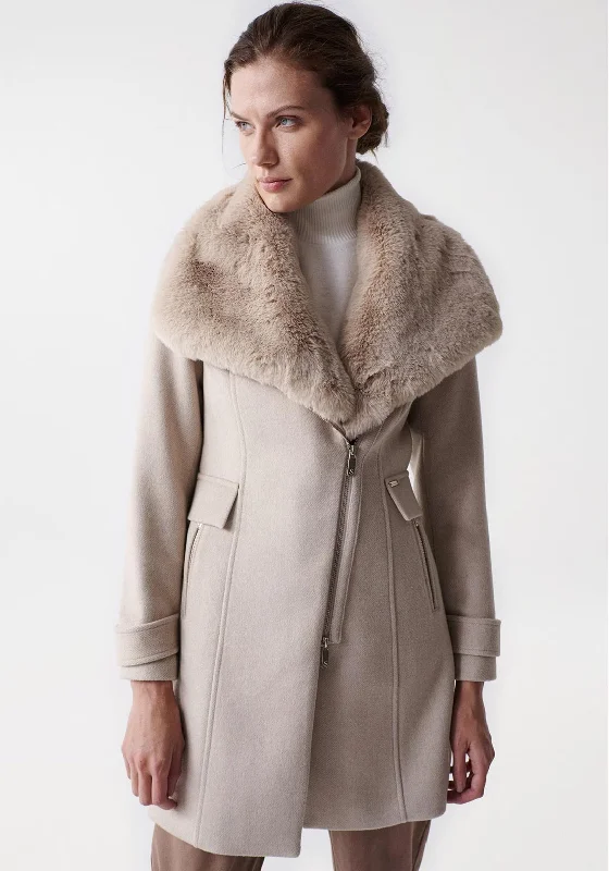 Salsa Detachable Faux Fur Collar Coat, Beige