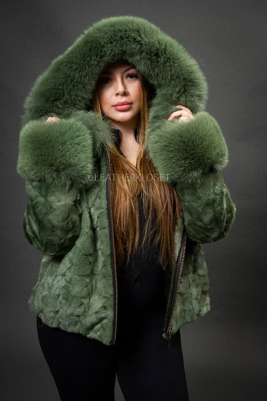 Women's Aria Mink Bomber With Hood [Green]