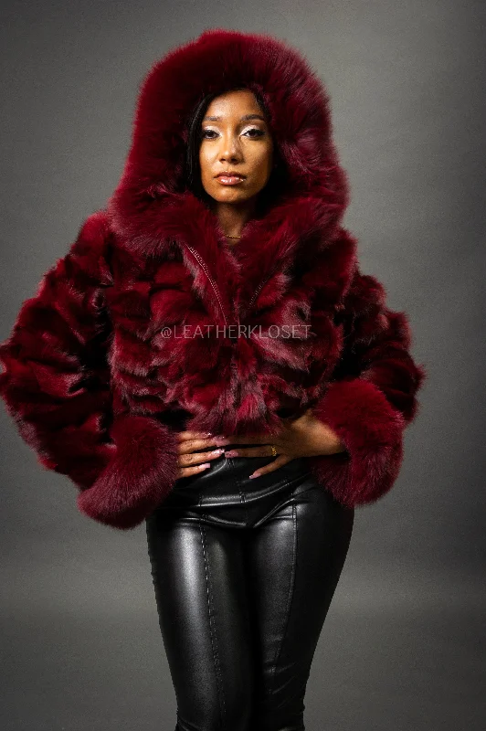 Women's Crop Fox Bomber With Hood [Burgundy]