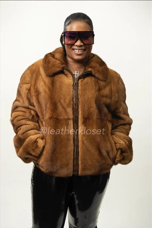 Women's Full Skin Mink Bomber Jacket [Whiksey]