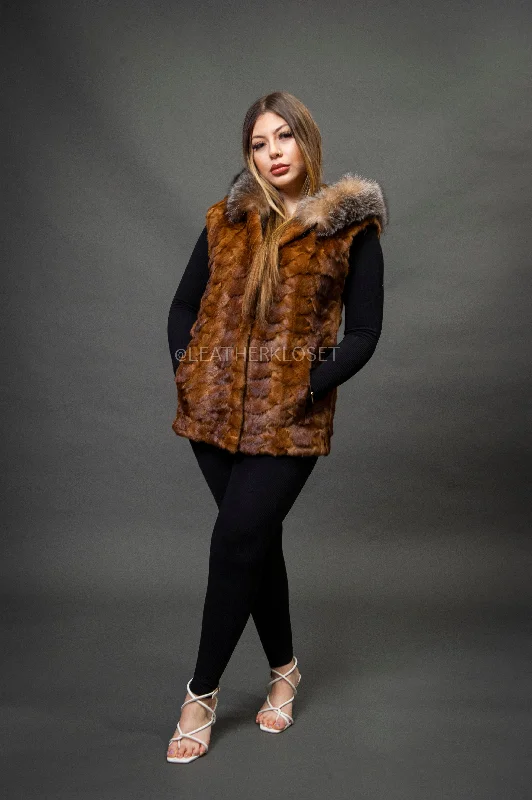 Women's Mink Vest With Hood [Whiskey]