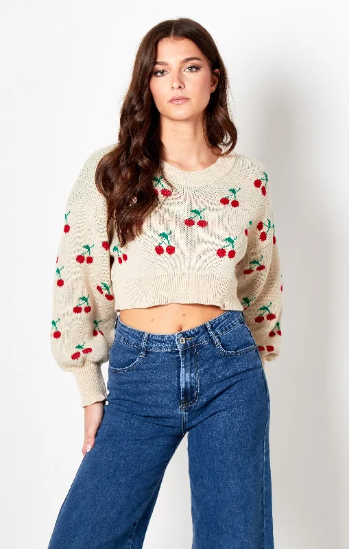 Beige Cherry Print Cropped Jumper - Diana