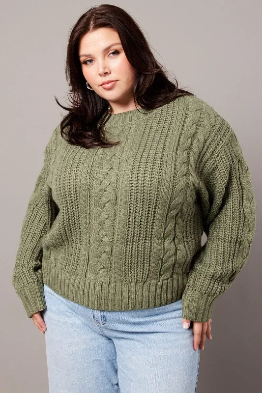 Green Cable Knit Jumper Long Sleeve Round Neck