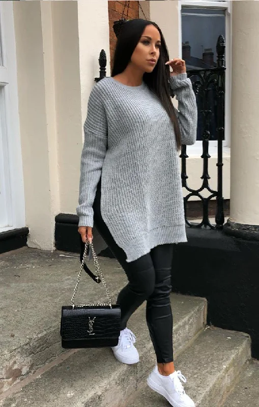 Grey Oversized Split Side Knitted Jumper - Lore