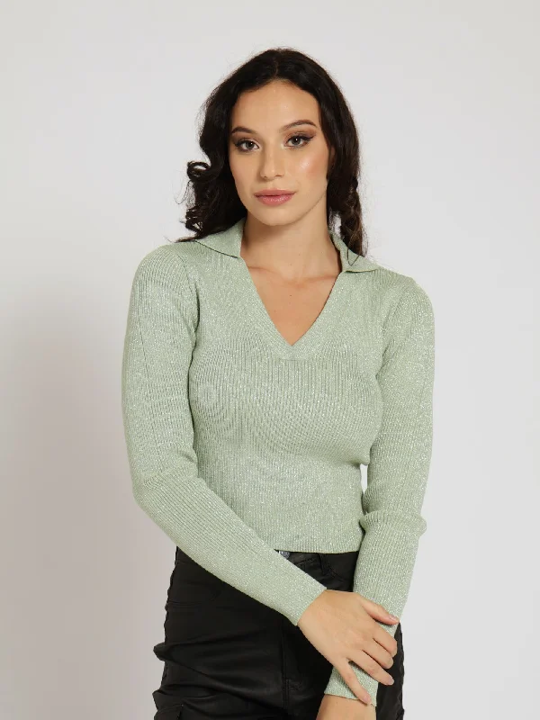 Long Sleeve Flare Metallic Knitwear Top - Sage