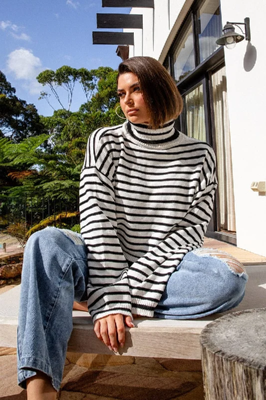 White Stripe Stripe Knit Jumper High Neck